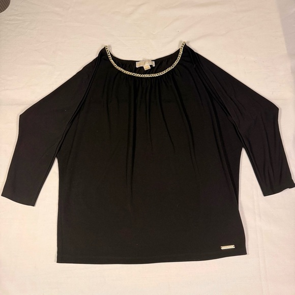 Michael Kors Cold Shoulder Black Blouse with Gold Chain Detail - Picture 4 of 12